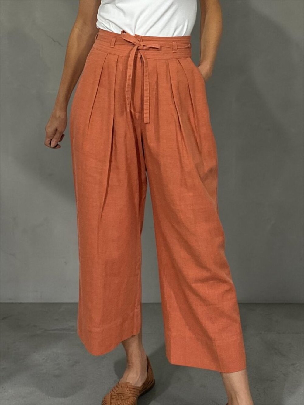 Anthropologie En Saison Jasper Pant XS Coral Wide Leg High Rise Belted - Picture 16 of 16